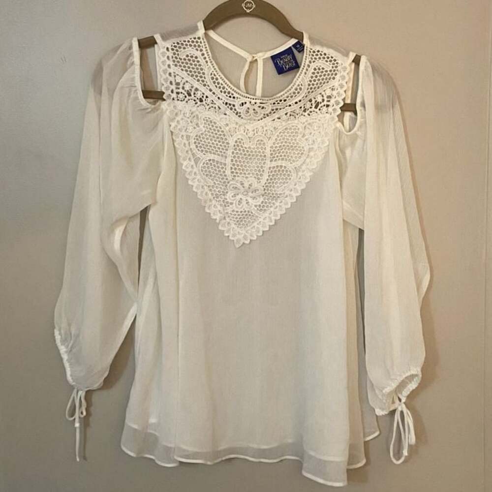 Beauty And The Beast Disney Womens Blouse White Lace Cold Shoulder Sz M